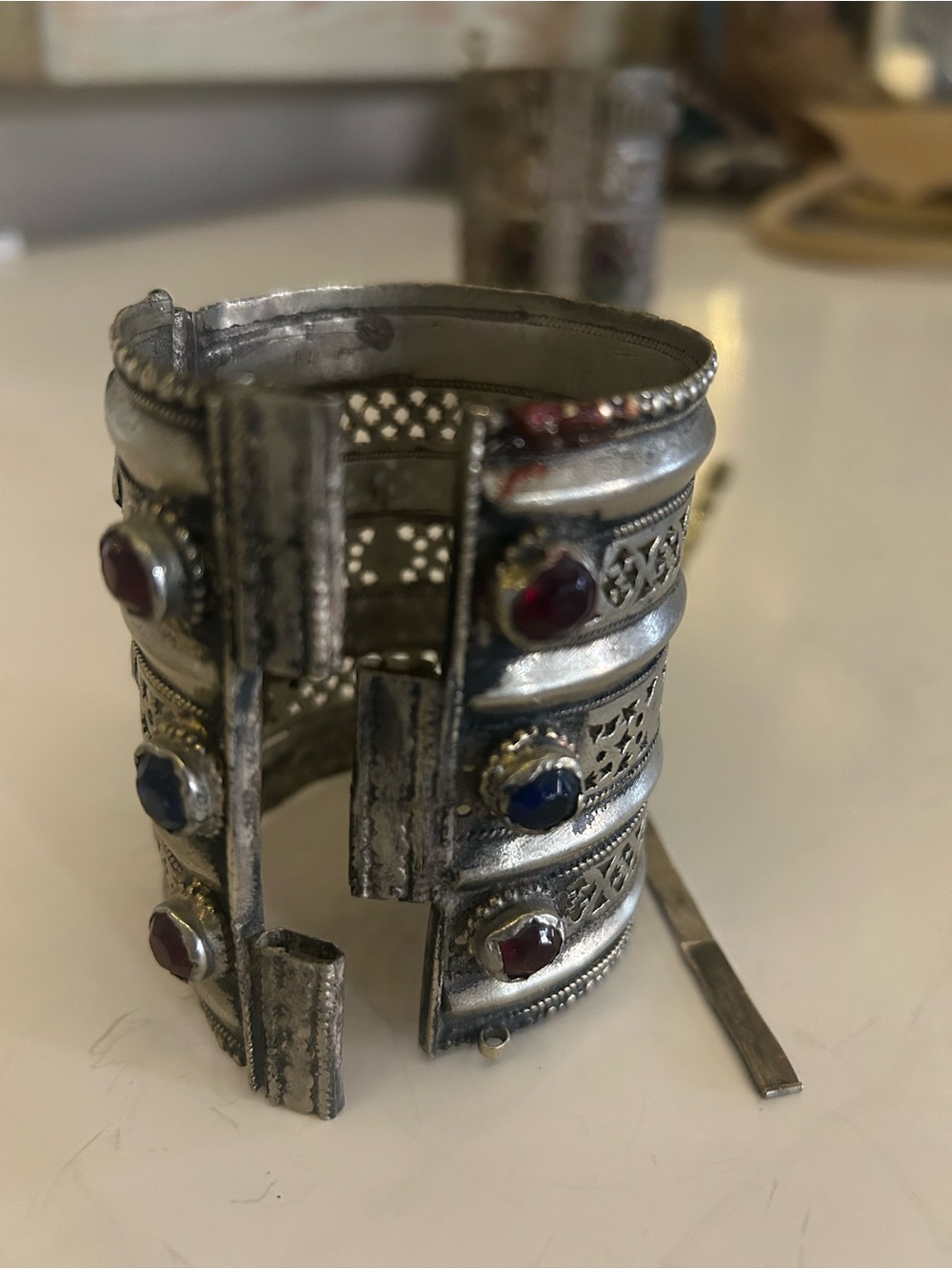 Vintage Indian Wear Silver-Tone Cuff Bracelet with Red and Blue Stones - Picture 2 of 10